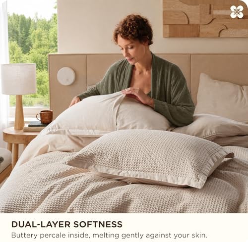 Bedsure PureWoven Cotton Waffle Duvet Cover Set, California King, Beige