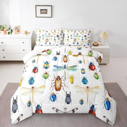 Kids Dragonfly Down Comforter, Ladybug Insect Comforter Set Twin Size for Children Boys Girls Teens, Reptile Pattern Bedding Comforters Colorful Lightweight Duvet Insert Dragonfly Gifts for Women