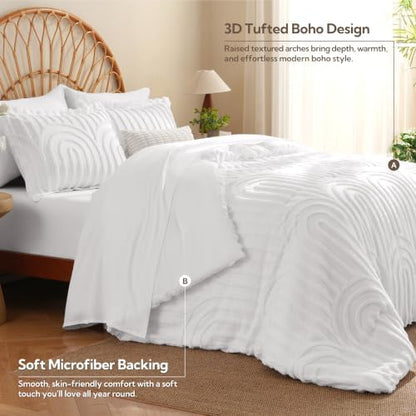 MR&HM Queen Comforter Set Boho 7pcs, White Weatern Arch Tufted Bedding Set