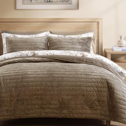 Velvet Quilt Set Queen Size -Bedding Set Taupe Soft Bedspread with 2 Shams