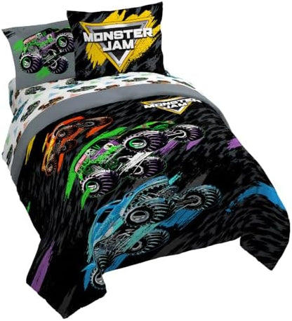 Monster Jam Trucks Queen Comforter Set 7 Piece Kids Bedding for Boys, Black
