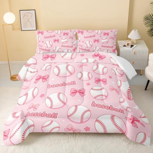 BSNTHO Baseball Comforter Set Twin Size, Pink Bow Kids Comforter 3Pcs