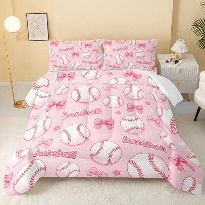BSNTHO Baseball Comforter Set Twin Size, Pink Bow Kids Comforter 3Pcs