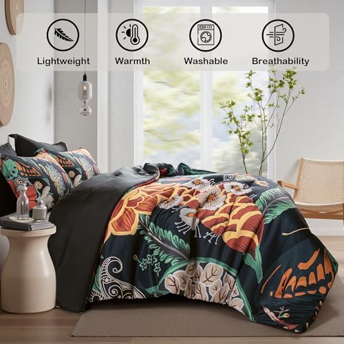 Tyrot Black Boho Floral King Comforter Set - 3 Piece Vintage Botanical Bedding Comforter Sets for All Season Soft Lightweight Mid Century Modern Bed Set, (1 Reversible Comforter and 2 Pillow Shams