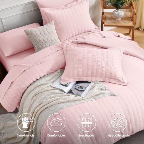 FreshCulture Twin Size Comforter Set Seersucker 5 Pieces, All Season Bedding Set Twin, Soft Bed in a Bag Comforter Set with Comforter, Flat Sheet, Fitted Sheet, Pillowcase and Pillow Sham, Pink