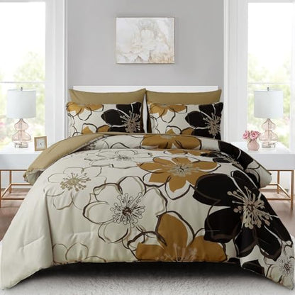 Anibedding 7 Pieces Floral Comforter Set Queen Size, Brown Black Flower Bedding Set Botanical Bed in a Bag Soft Microfiber Comforter Set with Sheets for All Season