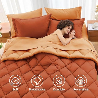 MUXHOMO 7 Pieces Oversized King Comforter Set, Reversible Bed in a Bag Oversized King Size, All Season Bedding Set with Comforter, Flat Sheet, Fitted Sheet, Pillowcases & Shams, Burnt Orange & Camel