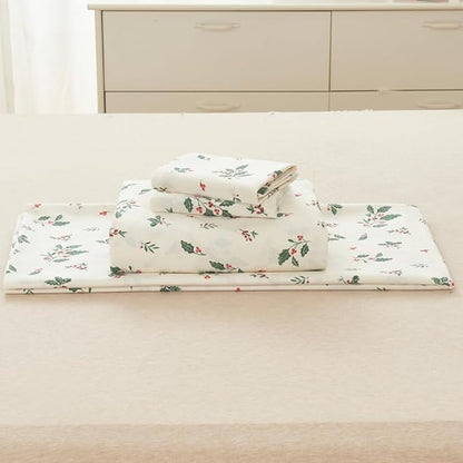 DAUAOTO 100% Cotton Bedding Christmas Printed Sheets Set for Full Size Bed Up to 14" Deep Mattress, Bedlinen Sets Holly Berries Pattern