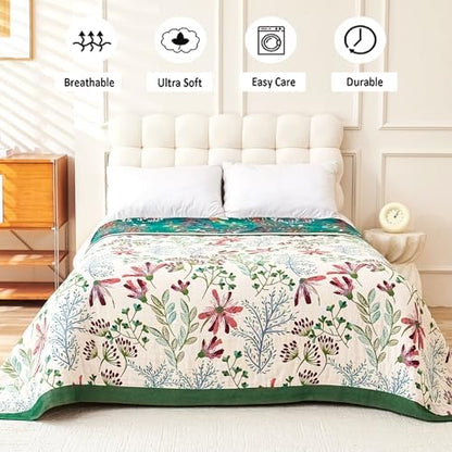 VANJOROY Boho Throw Blanket, 100% Organic Cotton Breathable Ultra Soft 91" x 98" Bed Quilt Throw - All Season Floral Rustic Farmhouse Decor Luxury Reversible Blanket for Sofa Couch Chair and Gift