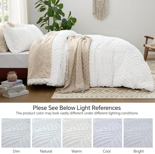 BEDELITE Boho Comforter Set Queen - Tufted Boho Bedding Set, Bright White