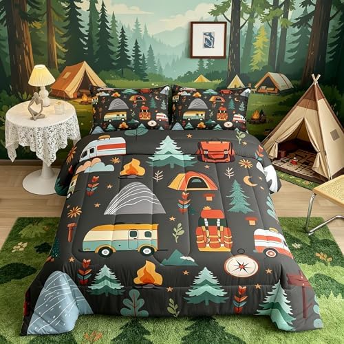 Feelyou Happy Camping Comforter Set for Kids Boys Girls Toddler Size Travel Bag Tent Print Bedding Set Soft Outdoor Themed Duvet Quilt Camping Gifts Comforter Travel Trailers Duvet Quilt