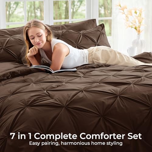 Sasttie Twin XL Comforter Set, 5-Piece Bed in a Bag, Pintuck Bedding Sets for All Season, Includes Comforter, Flat Sheet, Fitted Sheet, Pillowcase and Pillowsham, Dark Brown