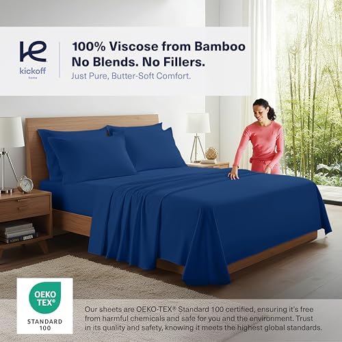 Kickoff Viscose Bamboo Sheets Queen Size 4-pc 100% Organic Bamboo Viscose Bed Cooling Sheets Queen Size Set Cool Bedding for hot Sleepers Sheet Set - Gift Ready Packaging (Dark Blue, Q)