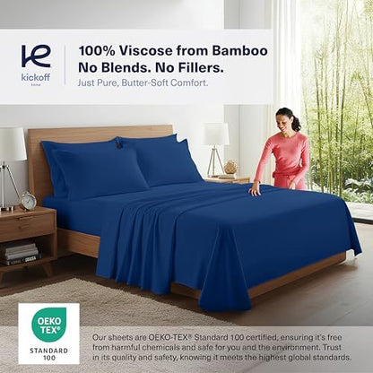 Kickoff Viscose Bamboo Sheets Queen Size 4-pc 100% Organic Bamboo Viscose Bed Cooling Sheets Queen Size Set Cool Bedding for hot Sleepers Sheet Set - Gift Ready Packaging (Dark Blue, Q)