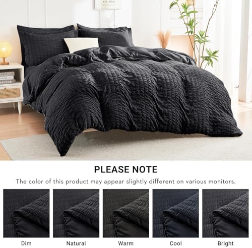 HYMOKEGE Black King Size Comforter Set Seersucker 7 Pieces, All Season Luxury Bed in a Bag for Bedroom, Bedding Set with Comforters, Sheets, Pillowcases & Shams