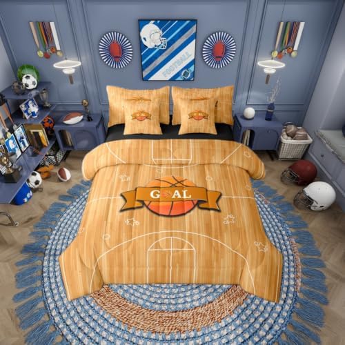 Erosebridal Boys Basketbal Gaming Pattern Boys Kids Orange 7 Piece Bedding Set Twin | Ball Games Sports Theme Comforter Set with Sheets Playground Bed in A Bag Geometric Bed Sets