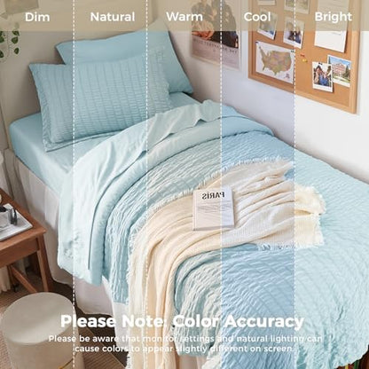 HYMOKEGE Lake Blue Twin XL Comforter Set Seersucker 5 Pieces, All Season Luxury Bed in a Bag for Bedroom, Bedding Set with Comforters, Sheets, Pillowcase & Sham