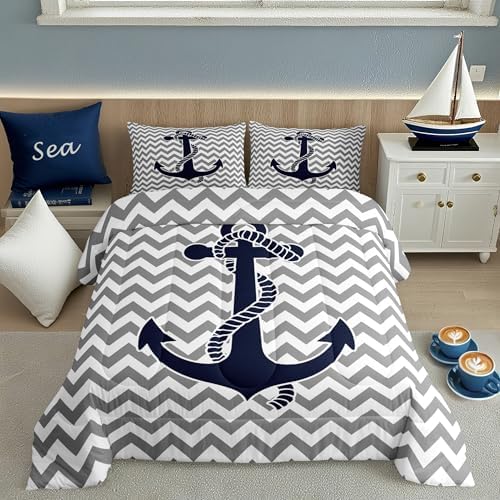 Castle Fairy Gray Stripes Comforter Set King Size,Geometric Anchor Bedding Set 3pcs for Kids Boys Adults Room Decor,Nautical Adventure Style Quilt Set Modern Abstract Duvet Insert,2 Pillowcases