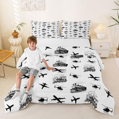 Feelyou Retro Vintage Train Comforter Set King Size Airplane Print Bedding Set for Kids Boys Girls Aircraft Transport Vehicles Duvet Quilt Bedroom Decor Microfiber 3 Pcs with 2 Pillow Cases