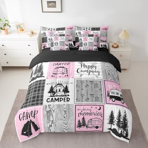 Erosebridal Girls Pink Camper Queen Bedding Set with Sheets 7 Piece Camping Comforter Set Rv Camper Accessories for Travel Trailers Bed in A Bag,Black Grey Buffalo Plaid Pine Tree Arrow Bed Set