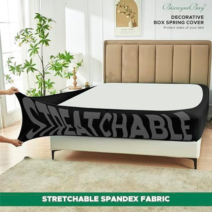 Box Spring Cover King Size-Black Stretch Wrap Around 4 Sided Bed Skirt