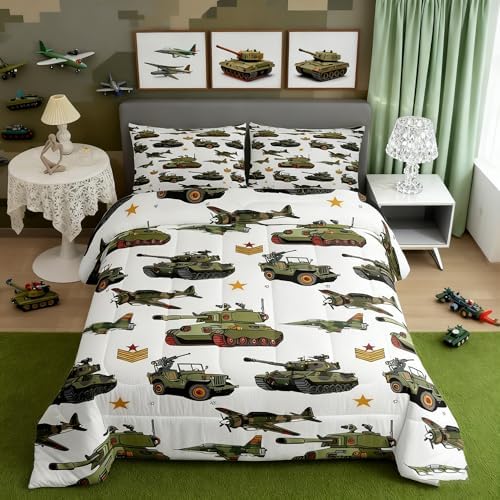 Manfei War Theme Comforter Set King Size, Aircraft Tanks Bedding Set 3pcs for Kids Boys Bedroom Decor, Retro Army Green Airplane Tanks Down Comforter Soft Polyester Quilt Set with 2 Pillowcases