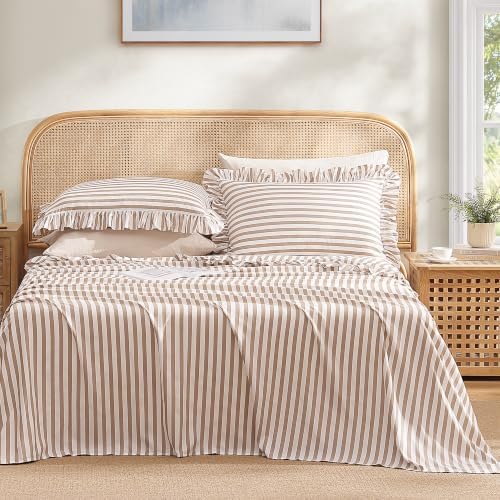 ROSE&RISY King Ruffle Sheet Set 4 Piece - Linen Grey Stripe Soft Lightweight Microfiber Bedding with Deep Pocket, Breathable Ruffled Flat Sheet & Pillowcases (Linen Grey Stripe Ruffle,King)