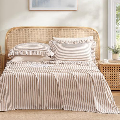 ROSE&RISY King Ruffle Sheet Set 4 Piece - Linen Grey Stripe Soft Lightweight Microfiber Bedding with Deep Pocket, Breathable Ruffled Flat Sheet & Pillowcases (Linen Grey Stripe Ruffle,King)