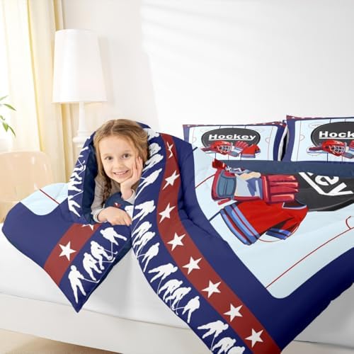 Homewish Ice Hockey Field Full Size Comforter Set,Sports Gaming Bedding Set for Adults Teens,Children Helmet Skates Comforter Luxury Hockey Sport Player Quilt Set Room Decor 3Pcs