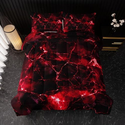 Nttopship Red Comforter Set Twin Size，Red Marble Bedding Set 3 Pcs Bedding for Adults, Marble Room Decor with Comforter and 2 Pillowcases Soft and Lightweight B-Side Black