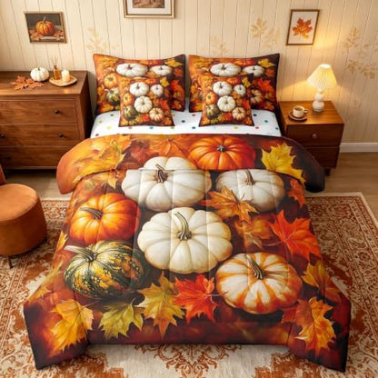 Erosebridal Fall Harvest Theme Queen Comforter Set 7 Piece for Kids Boys Girls Adults Fall Pumpkin Bed in A Bag with Sheets Maple Leaf Print Bedding Set Retro Rustic Bed Set Room Decor