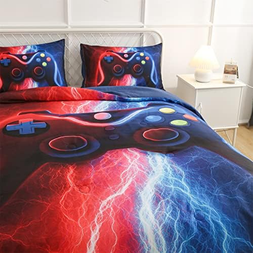 Meeting Story Gamer Gaming Bedding Sets Tie Dye Lightnings Gamepad Comforter Set for Boys Games Console Action Buttons Novelty Colorful Modern Room Decor Home Quilt Set (Queen, Red-Blue)