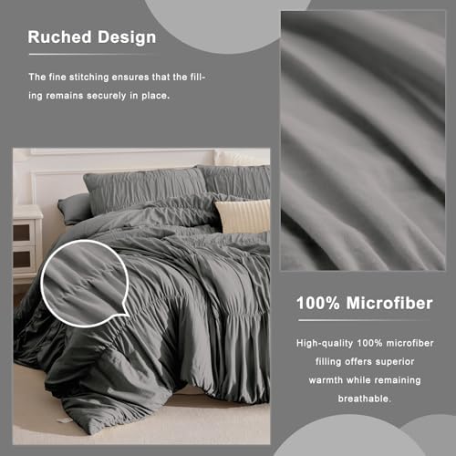 Masaca Grey Queen Comforter Set(90"x95"),Ruched Shabby Boho Chic Bedding Comforter Set,Vintage Gray Textured Ruffle Comforter for Queen Bed Fluffy Aesthetic Farmhouse Bedding 3 Pieces
