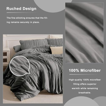 Masaca Grey Queen Comforter Set(90"x95"),Ruched Shabby Boho Chic Bedding Comforter Set,Vintage Gray Textured Ruffle Comforter for Queen Bed Fluffy Aesthetic Farmhouse Bedding 3 Pieces