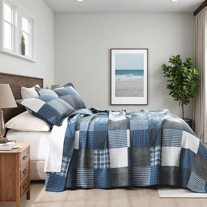 Quilta 100% Cotton Quilt Set, Navy/Black/White Plaid Bedspread Queen Size