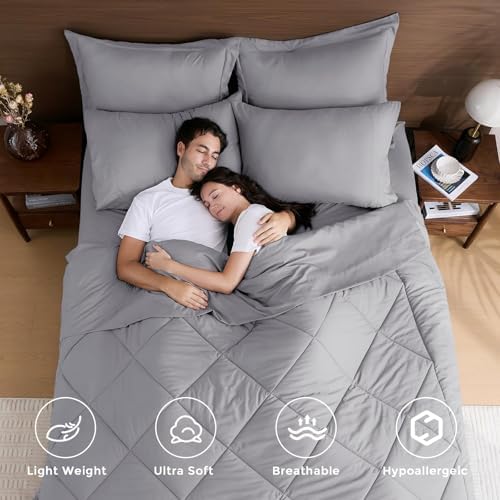 HEVUMYI 7-Piece Oversized Queen Comforter Set, Light Gray Bed in a Bag