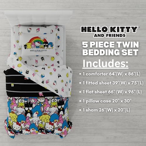 Franco Collectibles Hello Kitty & Friends Bedding 5 Piece Super Soft Comforter and Sheet Set with Sham, Twin, (Official Licensed Product)