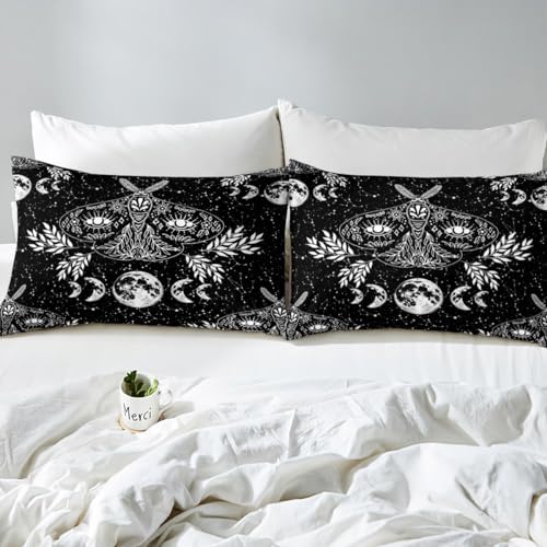 Erosebridal Gothic Moth Comforter Set King Size Skeleton Halloween Boho Death Moth Decor Quilted Duvet Animal Skeleton Skull Down Comforter Bohemian Sun and Moon Duvet Insert with 2 Pillowcases