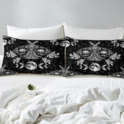 Erosebridal Gothic Moth Comforter Set King Size Skeleton Halloween Boho Death Moth Decor Quilted Duvet Animal Skeleton Skull Down Comforter Bohemian Sun and Moon Duvet Insert with 2 Pillowcases