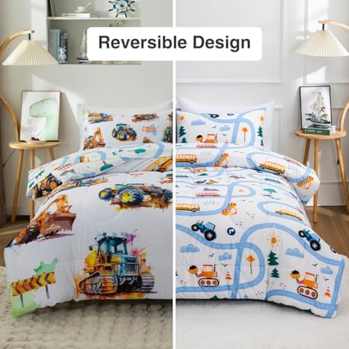 Holawakaka Trucks Excavator Boy Twin Bedding Comforter Set with Sheets