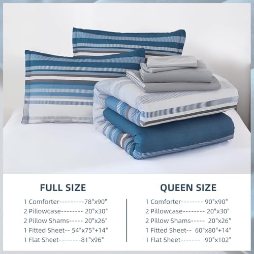 Dobuyly Grayish Blue Queen Comforter Set 7 Pieces, Boho Striped Bed in a Bag Queen Size Soft Microfiber All Season Grey Bedding Set with Comforter, Sheets, Pillowcases & Shams