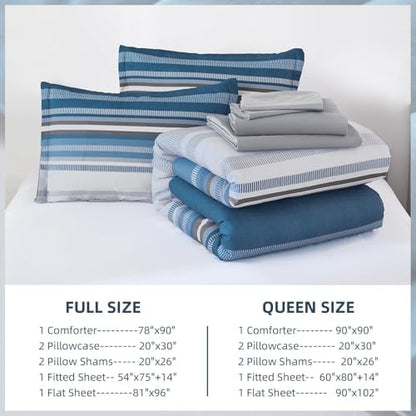 Dobuyly Grayish Blue Comforter Full Size Set 7 Pieces, Boho Striped Bed in a Bag Full Soft Microfiber All Season Grey Bedding Set with Comforter, Sheets, Pillowcases & Shams