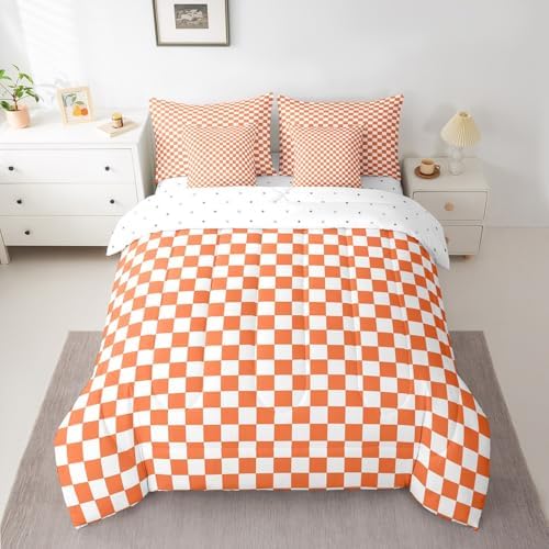 jejeloiu Orange and White Bedding Set 7Pcs King Size Kids Plaid Checkered Comforter Set with Sheets for Boys Girls Classic Grid Buffalo Check Bed in a Bag Soft Lightweight,Microfiber