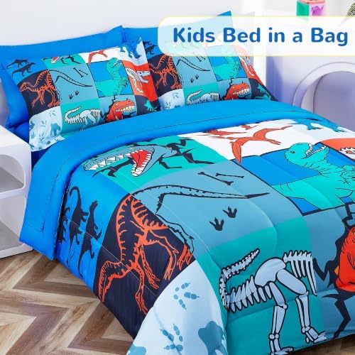 Viviland Kids Bedding Set Full Size Comforter Sets, Bed in Dinosaur Patchwork Cover Set for Children