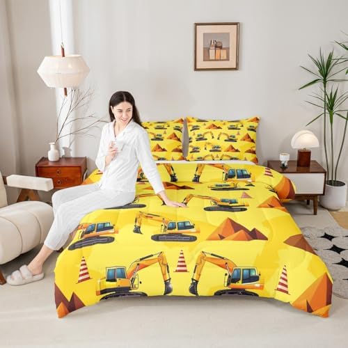 Erosebridal Boys Construction King Bedding Set, Excavator Comforter Set for Kids Men Boys Room Decor, Yellow Vehicle Comforter, Equipment Trucks Quilt with 2 Pillowcases, 3 Pcs, Lightweight