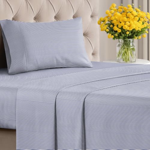 Twin XL 3 Piece Striped Sheet Set - Soft, Breathable & Cooling - Navy Ombre