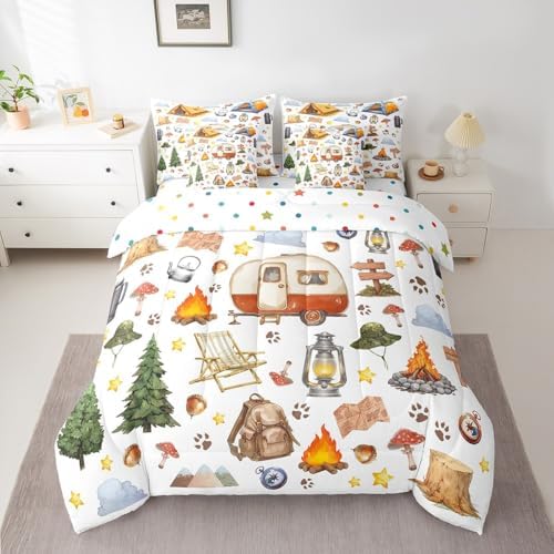 Erosebridal Kids Camping Full Comforter Set with Sheets 7 Piece Camper Bedding for Bunks,Rv Bed in A Bag Accessories for Travel Trailers,Campfire Pine Tree Bear Paws Woodland Adventure Bed Set