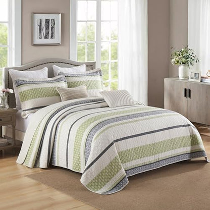 Homzard Quilts Queen Size,Cotton Queen Comforter Set,Green Beige Grey Quilt Bedspread Set,Striped Bedding,Cotton Lightweight Bed Comforter All Season 3 Piece