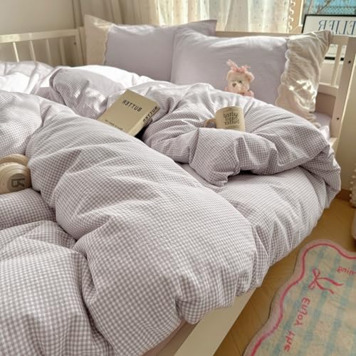 VM VOUGEMARKET Lilac Gingham Duvet Cover Queen Plaid Checkered Comforter Cover with Zipper 3Pcs Soft Breathable Washed Microfiber White Lace Bedding Set for Girls