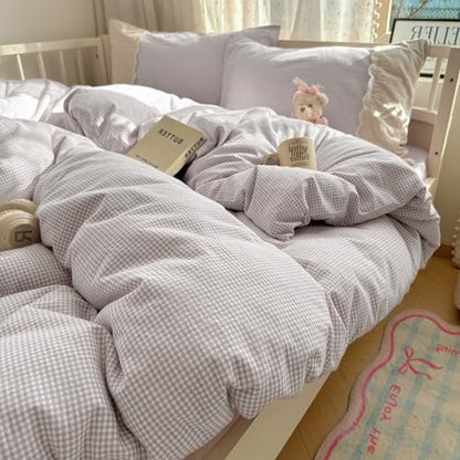 VM VOUGEMARKET Lilac Gingham Duvet Cover Queen Plaid Checkered Comforter Cover with Zipper 3Pcs Soft Breathable Washed Microfiber White Lace Bedding Set for Girls